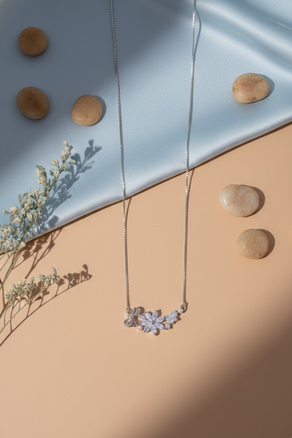 Silver Crystal Floral Garden & Bow Necklace | 925 Sterling Silver