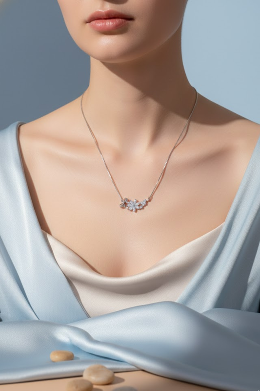Silver Crystal Floral Garden & Bow Necklace | 925 Sterling Silver