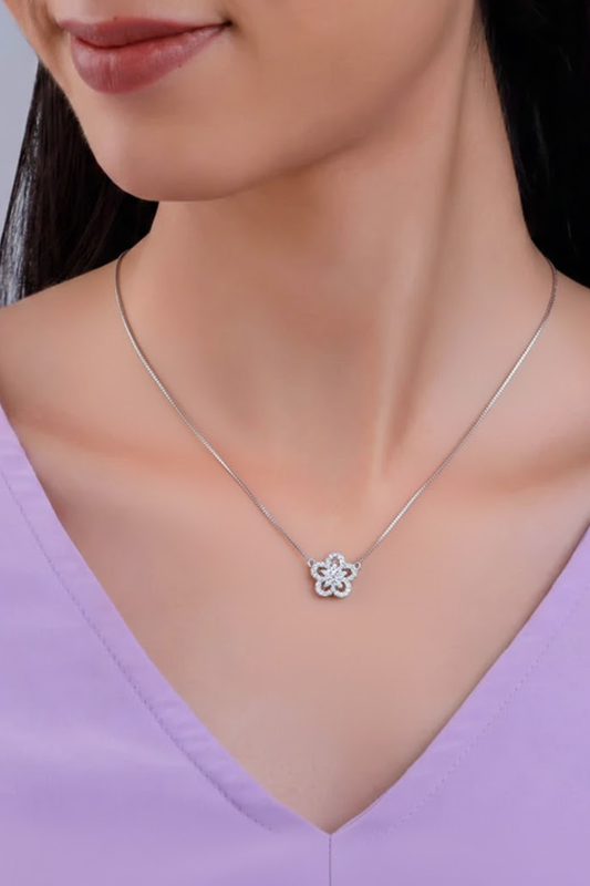 Silver Crystal Floral Halo Necklace | 925 Sterling Silver