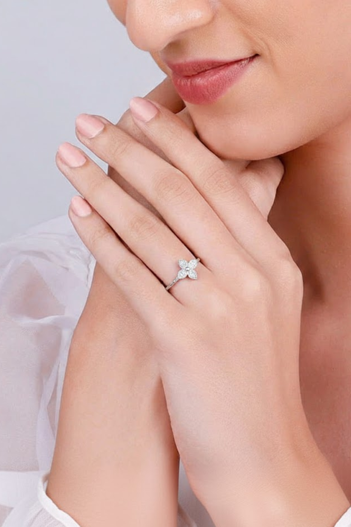 Silver Crystal Four-Petal Floral Ring | 925 Sterling Silver