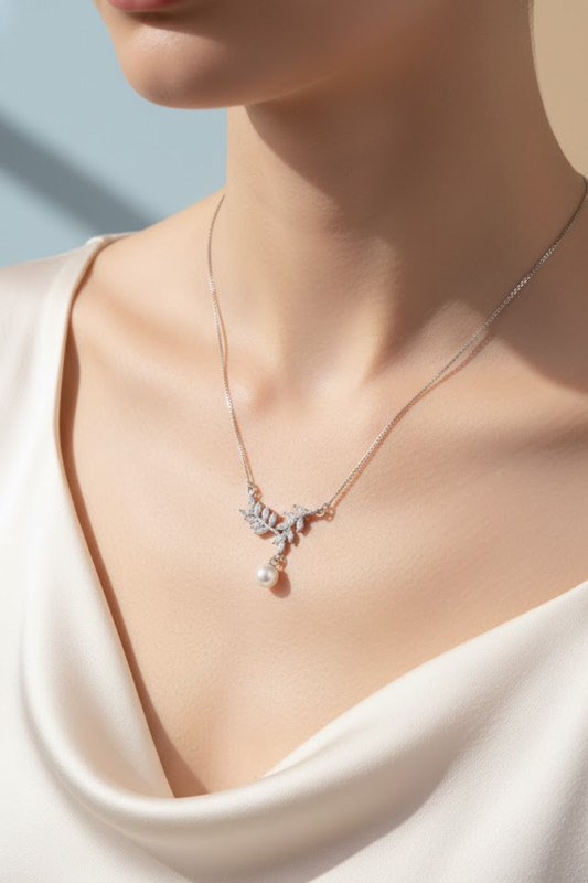 Silver Crystal Olive Branch & Pearl Drop Necklace | 925 Sterling Silver