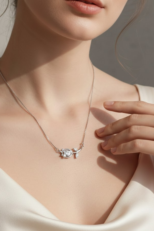 Silver Crystal Tulip Bar Necklace | 925 Sterling Silver