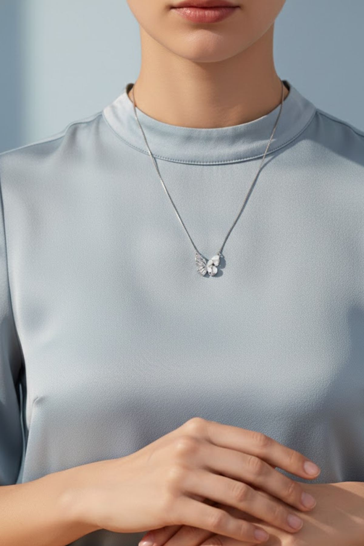 Silver Crystal & Pearlescent Butterfly Necklace | 925 Sterling Silver