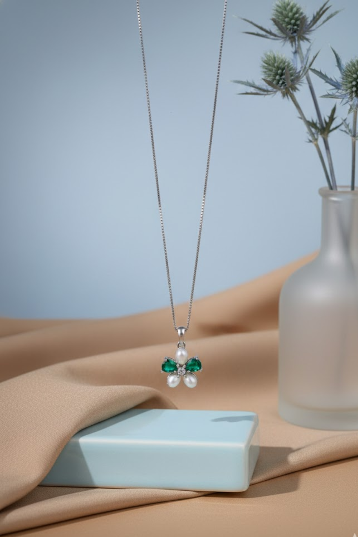 Silver Emerald Green & Pearl Flower Necklace | 925 Sterling Silver
