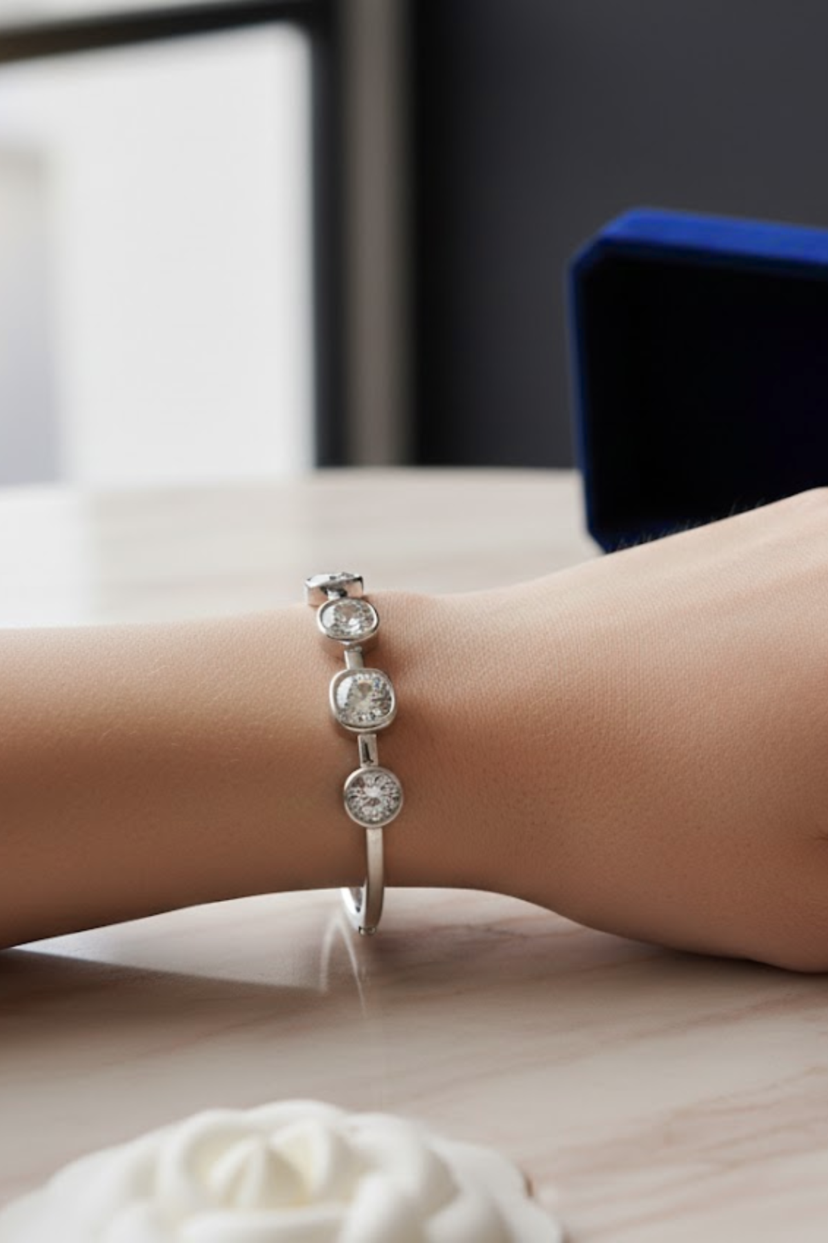 Silver Five-Stone Crystal Flexi-Bangle | 925 Sterling Silver