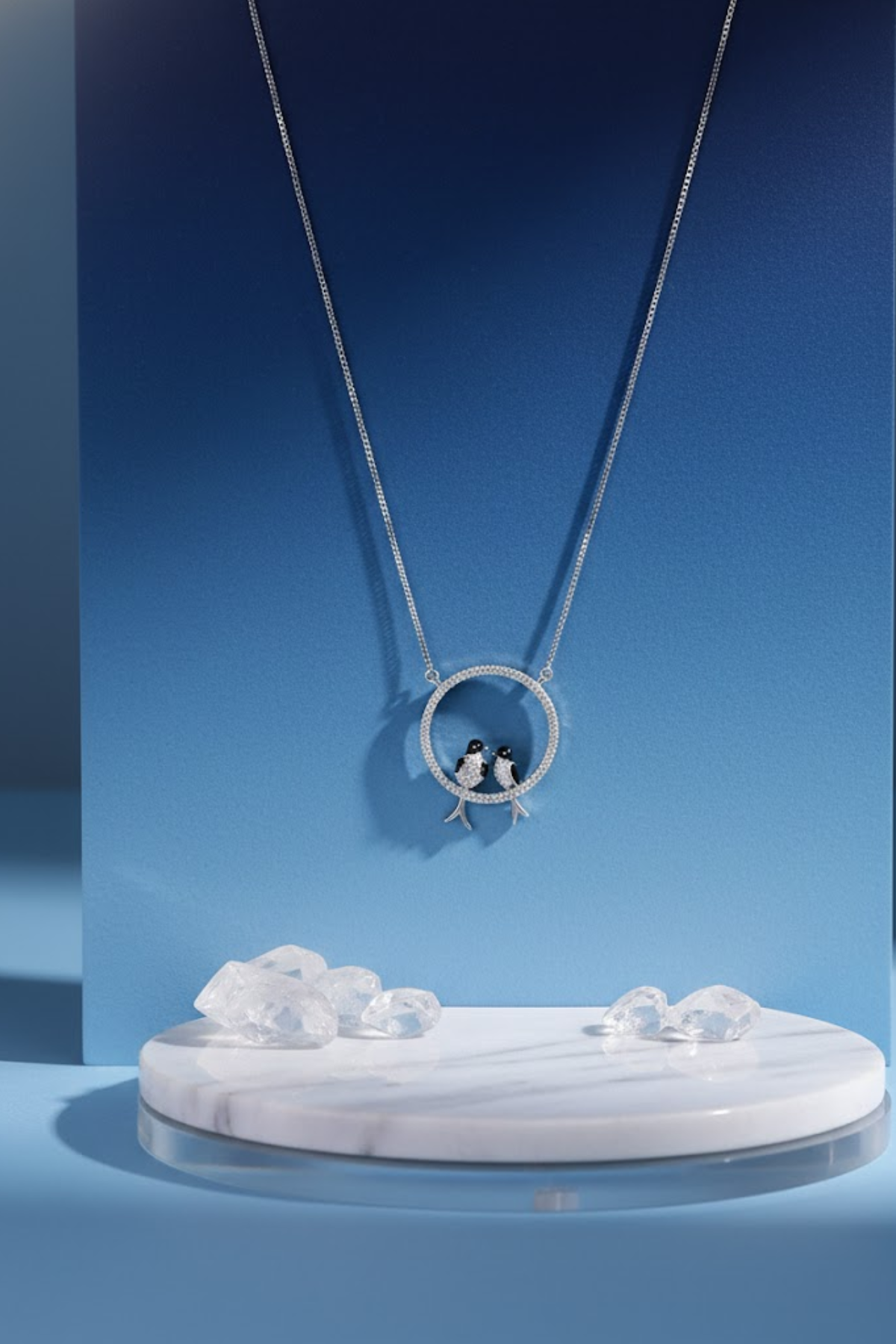 Silver Lovebirds Crystal Halo Necklace | 925 Sterling Silver