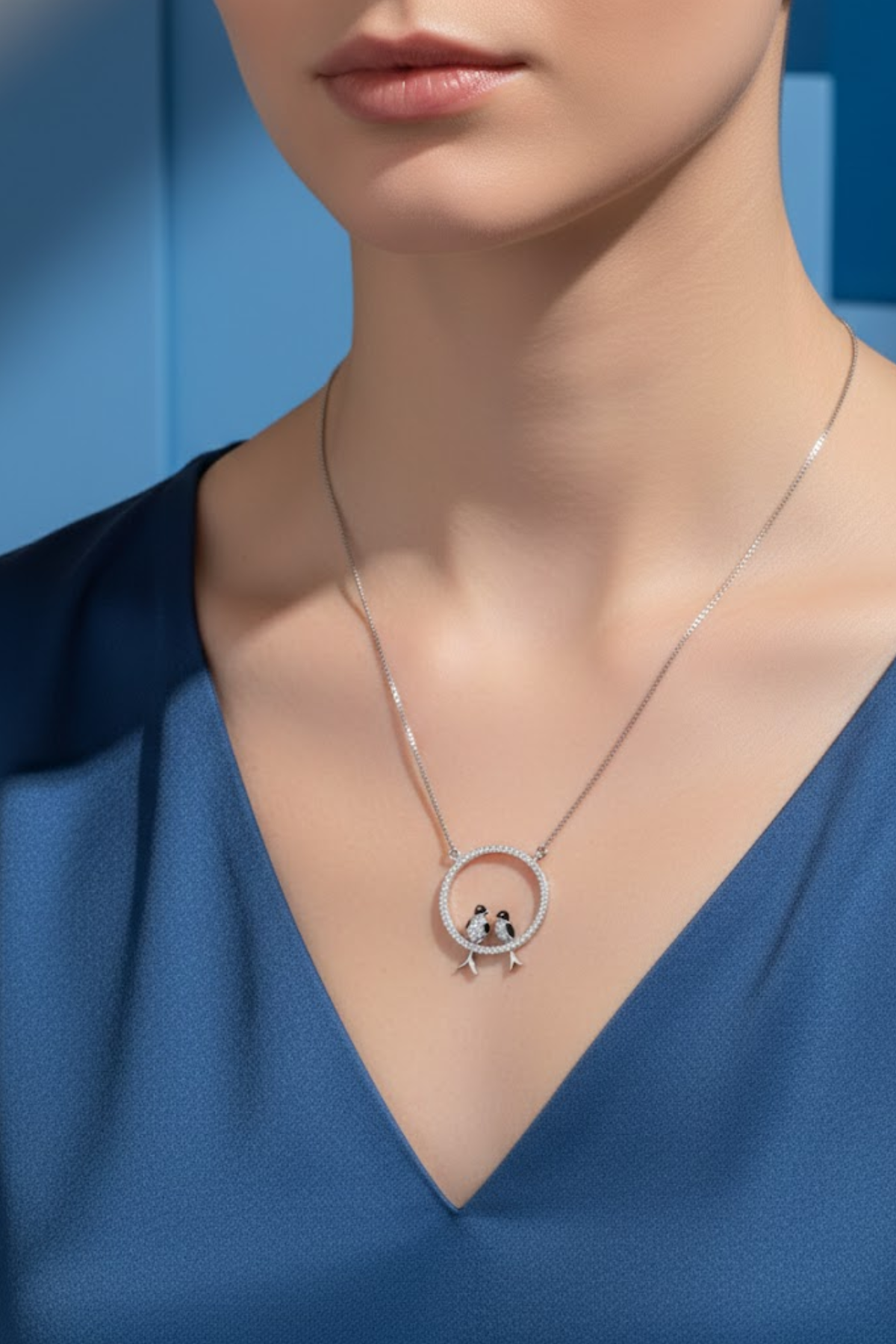 Silver Lovebirds Crystal Halo Necklace | 925 Sterling Silver