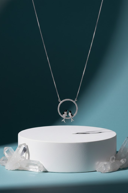 Silver Lovebirds Crystal Halo Necklace | 925 Sterling Silver