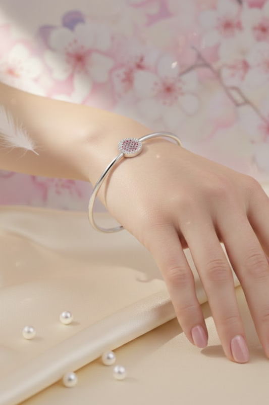 Silver Pink Crystal Halo Hinged Bangle | 925 Sterling Silver