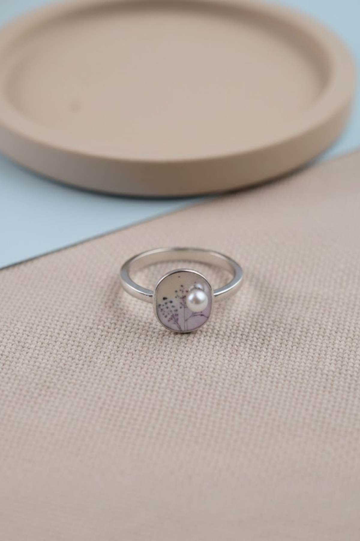 Silver Pink Enamel & Pearl Floral Coin Ring | 925 Sterling Silver