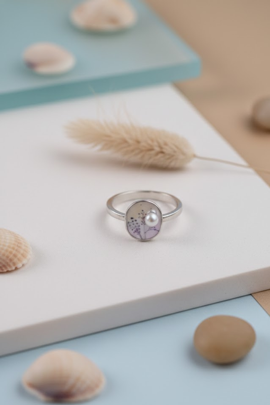 Silver Pink Enamel & Pearl Floral Coin Ring | 925 Sterling Silver