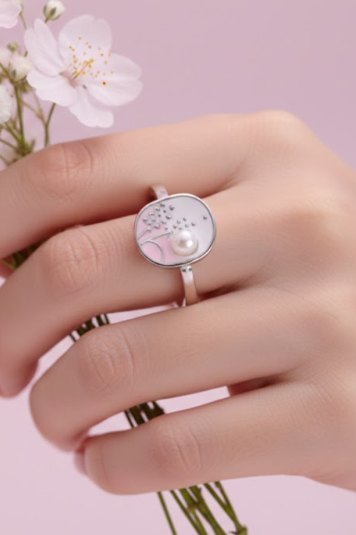 Silver Pink Enamel & Pearl Floral Coin Ring | 925 Sterling Silver