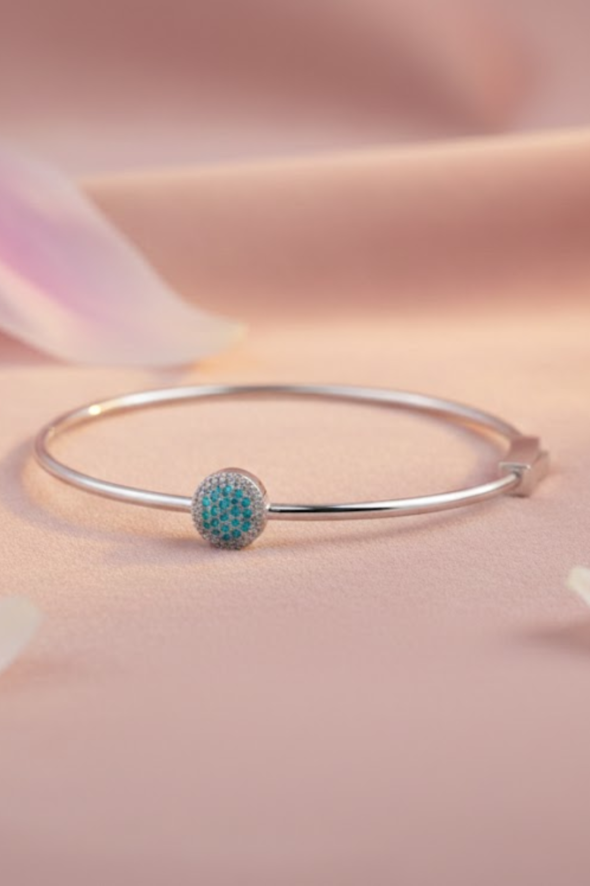 Silver Teal Blue Crystal Halo Hinged Bangle | 925 Sterling Silver