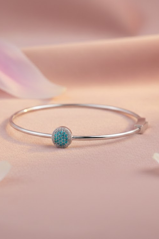 Silver Teal Blue Crystal Halo Hinged Bangle | 925 Sterling Silver