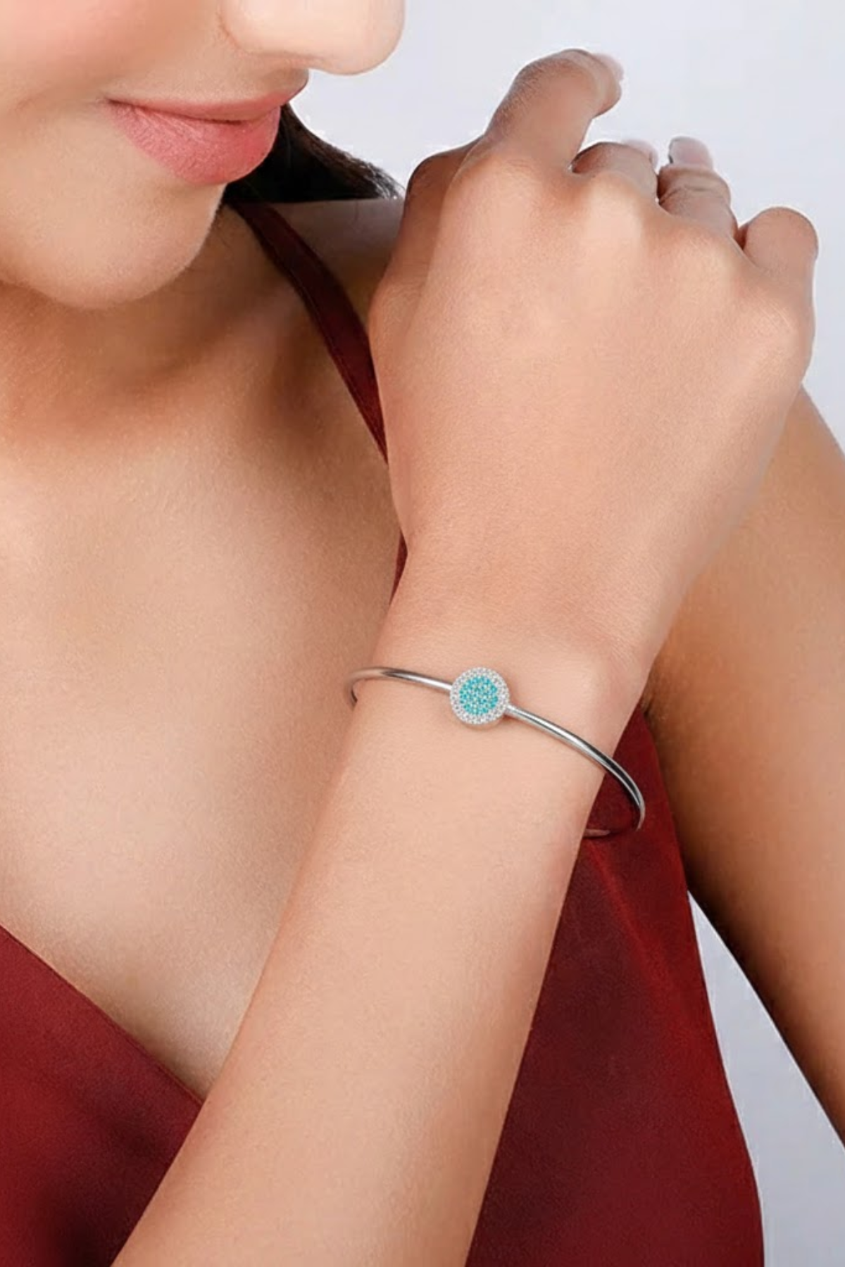 Silver Teal Blue Crystal Halo Hinged Bangle | 925 Sterling Silver