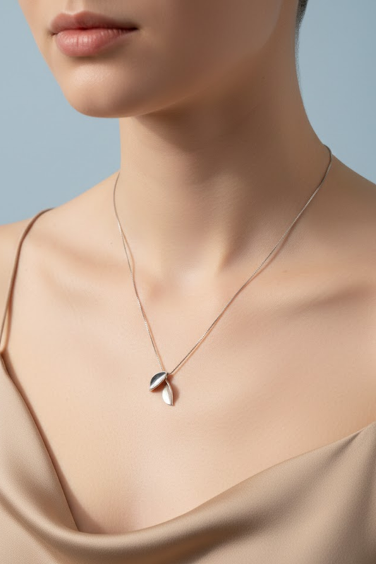 Silver & Black Enamel Twin Leaf Necklace | 925 Sterling Silver