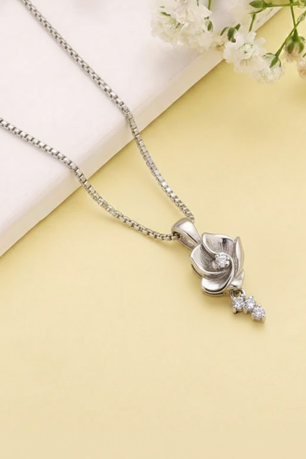 Silver Blooming Rose Necklace with Crystal Drop