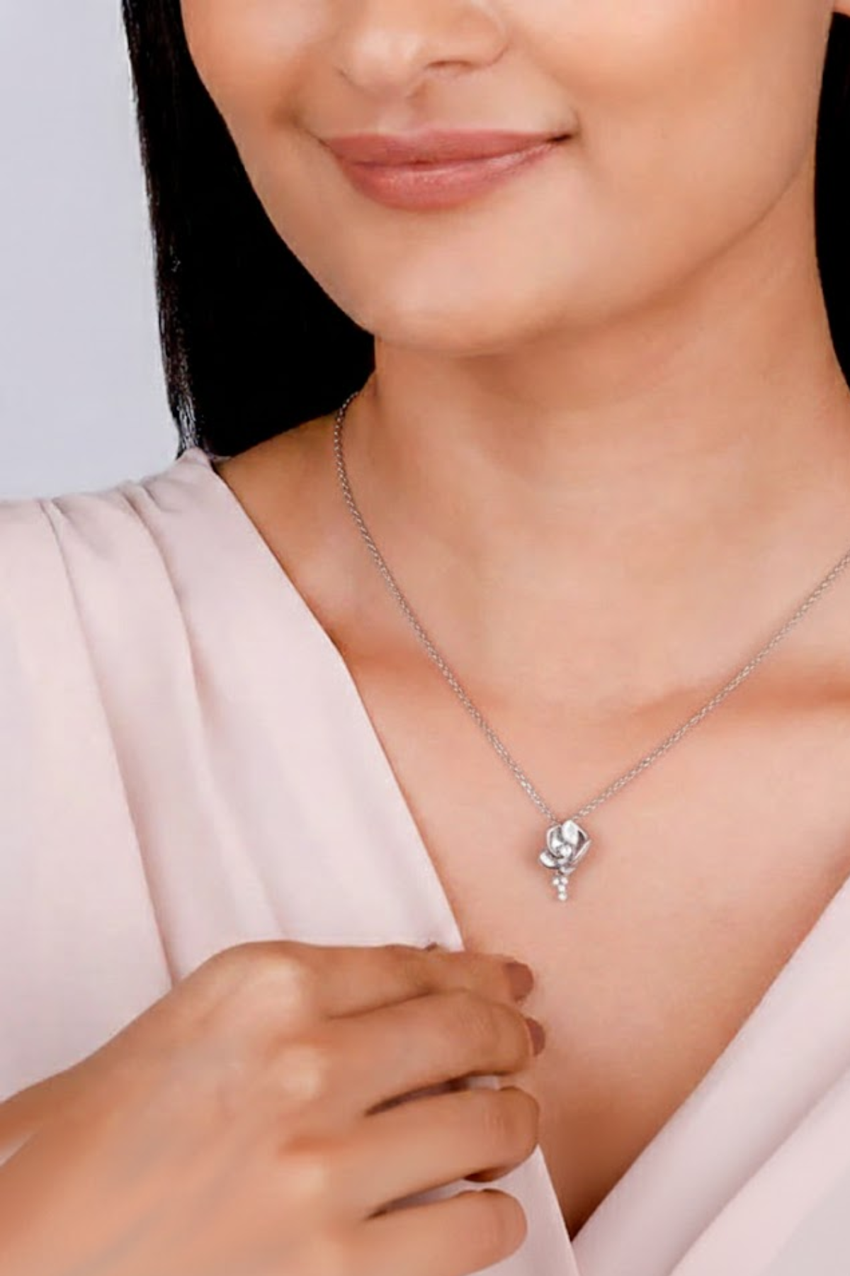 Silver Blooming Rose Necklace with Crystal Drop