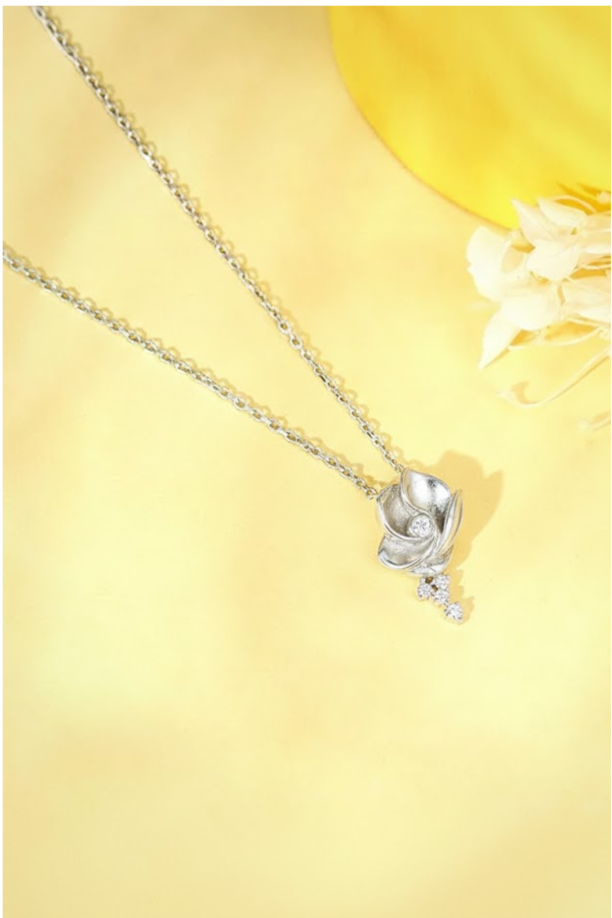 Silver Blooming Rose Necklace with Crystal Drop