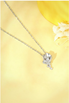 Silver Blooming Rose Necklace with Crystal Drop