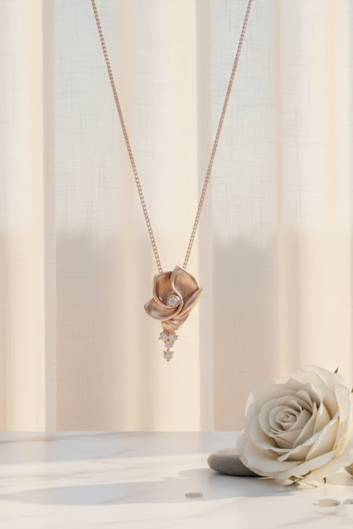 Rose Gold Blooming Rose Necklace with Crystal Drop