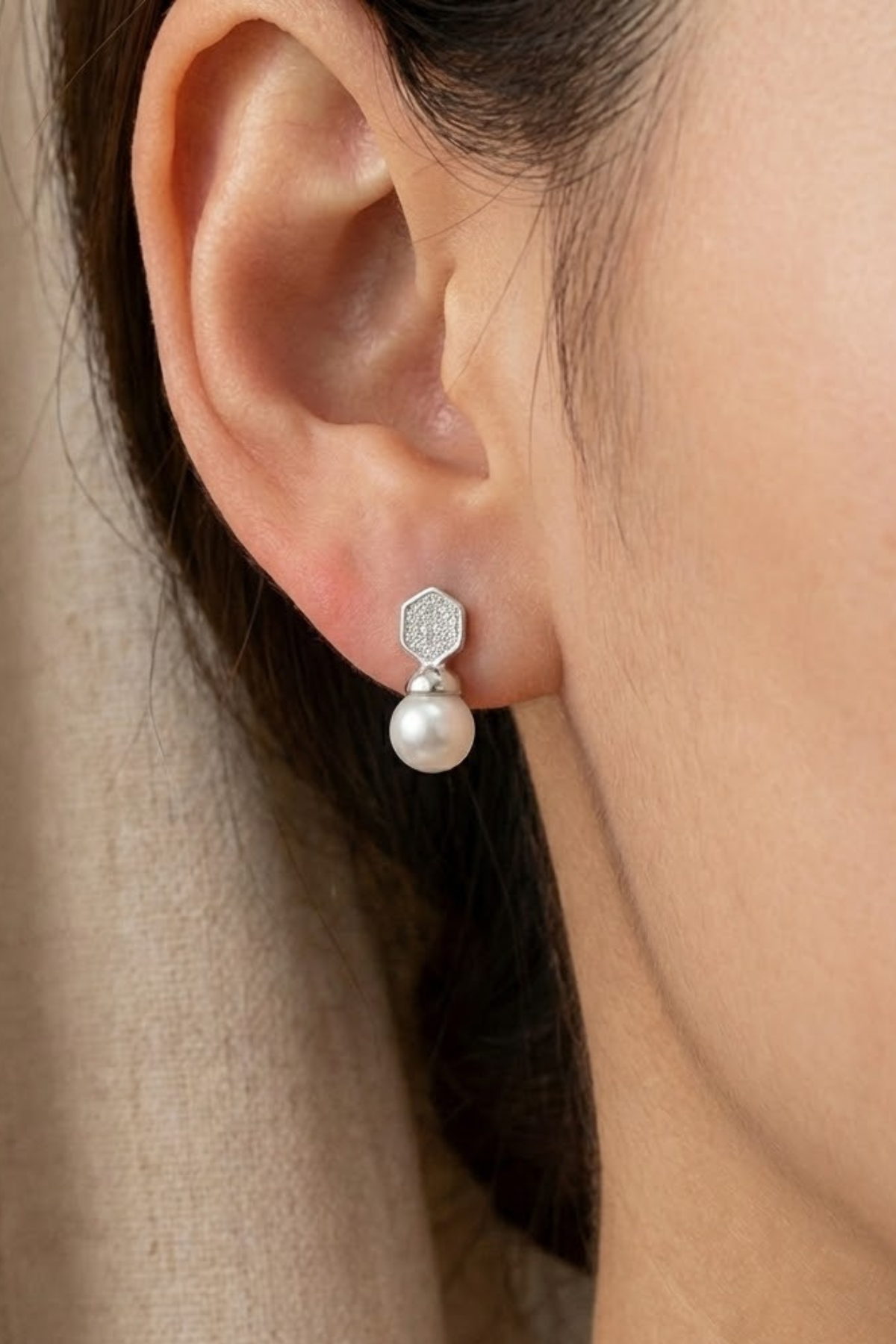 Geometric Pearl Drop Earrings with Crystal Pavé | Sterling Silver