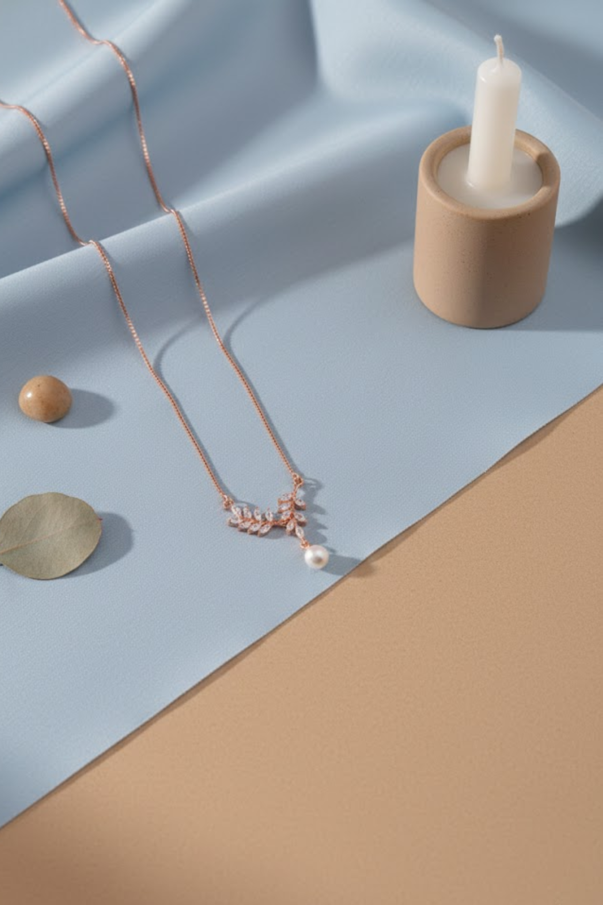 Rose Gold Crystal Olive Branch & Pearl Drop Necklace | 925 Sterling Silver