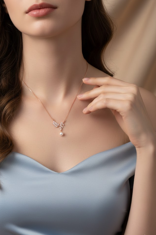 Rose Gold Crystal Olive Branch & Pearl Drop Necklace | 925 Sterling Silver