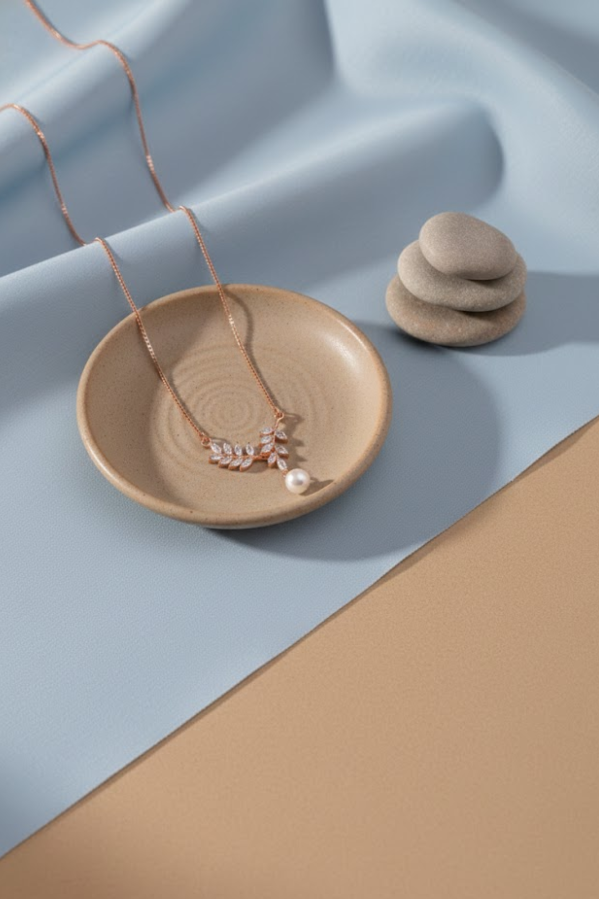 Rose Gold Crystal Olive Branch & Pearl Drop Necklace | 925 Sterling Silver