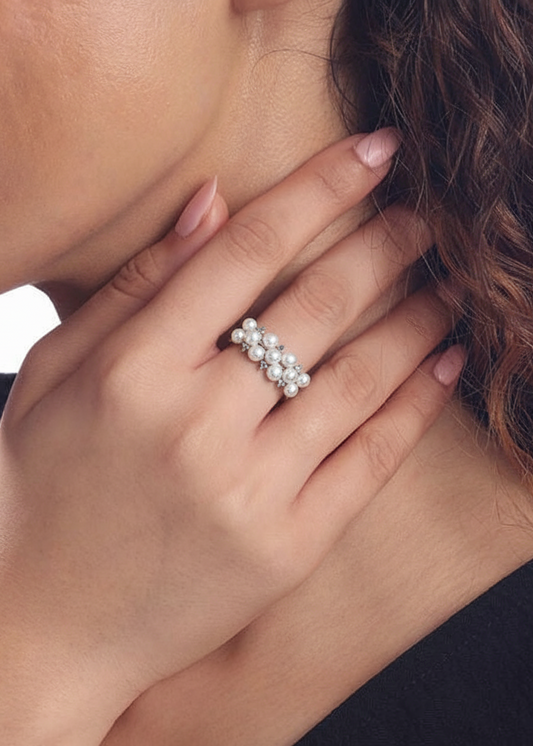 Multi-Band Pearl & Crystal Cluster Ring | Sterling Silver