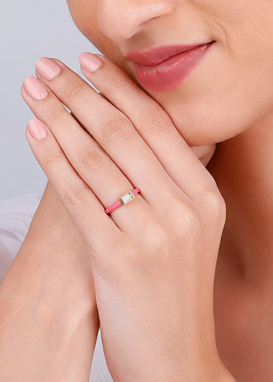 Modern Pink Enamel & Crystal Solitaire Ring | Gold Polish