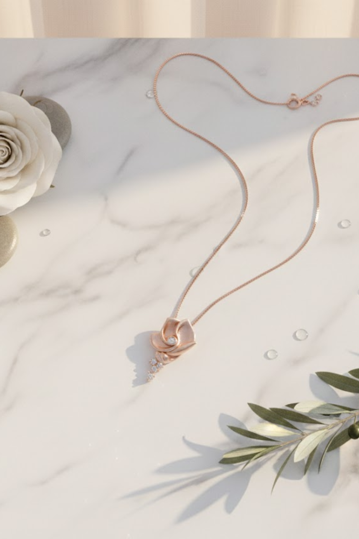 Rose Gold Blooming Rose Necklace with Crystal Drop
