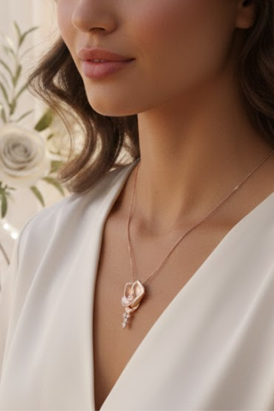 Rose Gold Blooming Rose Necklace with Crystal Drop